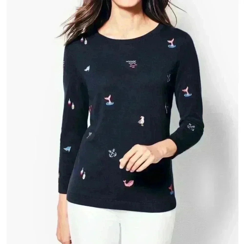 Talbots Nautical Embroidered Sweater Navy Blue Beach Coastal‎ Whale Anchor XS
